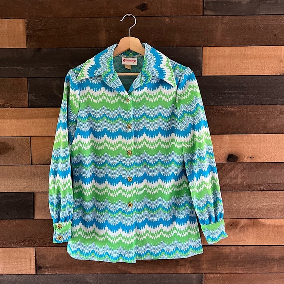 Vintage Groovy Zig Zag Waves Bradley Dagger Collar Button Up Lightweight Jacket - Picture 4 of 10
